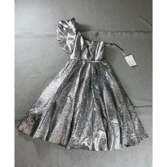 New Mac Duggal Dress Silver 8 One Shoulder Bow A Line Dress Gown Ruffle 67906 - Picture 2 of 8